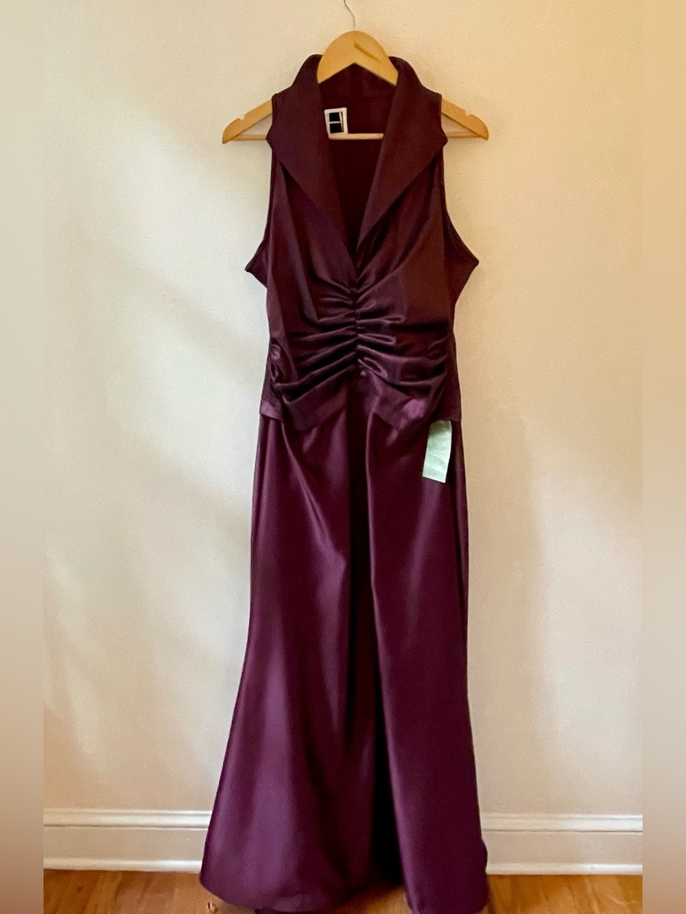 Vintage Tadashi Blackberry Satin Ruched Formal Maxi Gown Size 14
